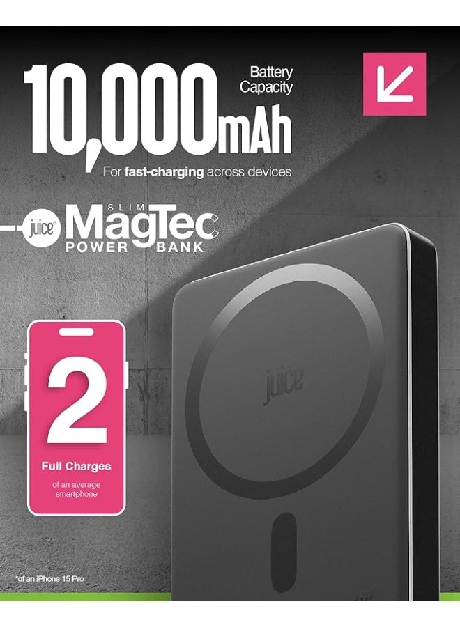 جوس بنك طاقة لاسلكي مغناطيسي Juice Slim بسعة 10,000 مللي أمبير/ساعة - شحن لاسلكي بقوة 15 وات، شحن سريع USB-C، بطارية محمولة لأجهزة iPhone وأجهزة Qi - أسود - Image 1